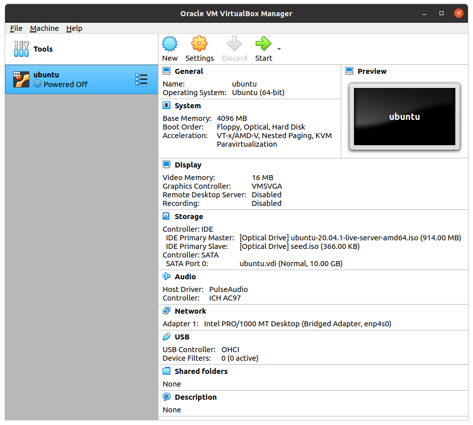VirtualBox configuration for Ubuntu VM